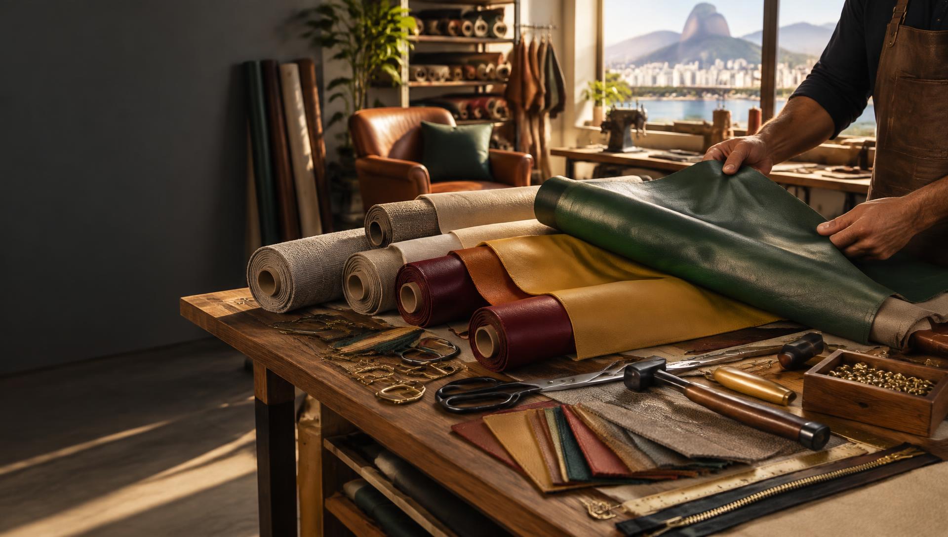 Materiais para confecção e estofamento sobre mesa de trabalho